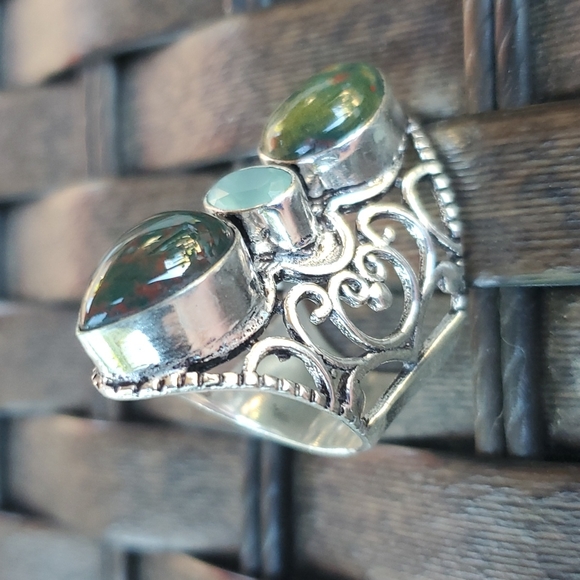 New Bloodstone & Chalcedony 925 Silver Statement Ring. - Picture 12 of 14